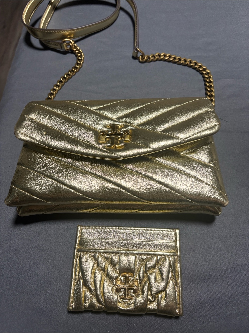 Tory Burch Metallic Gold Quilted Crossbody with Matching Card Holder